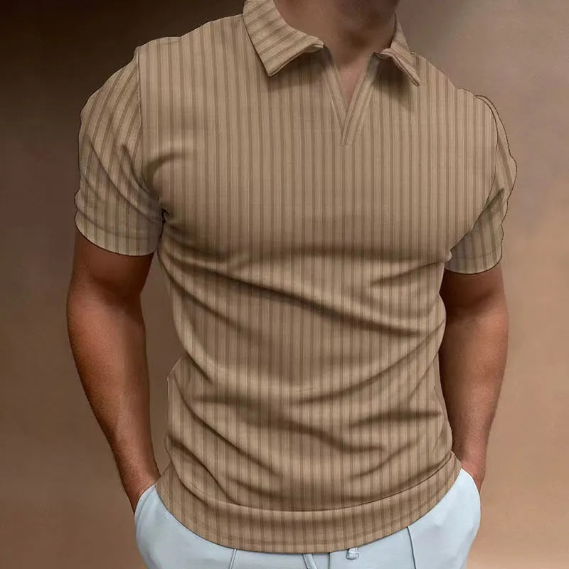 Men's striped V-neck summer sports polo shirt in cotton blend fabric showing elasticity
