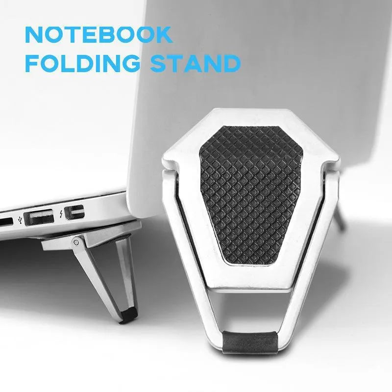 Foldable aluminum laptop bracket showing silver alloy construction and 3M adhesive backing