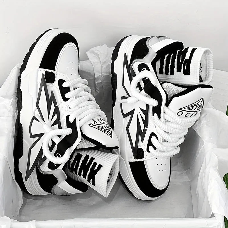 Men's white chunky sneakers with a cartoon totem pattern on the synthetic leather upper and a thick rubber sole.