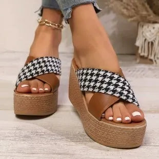 Brown and black plaid wedge sandals with rubber soles shown in UK sizes 34-43