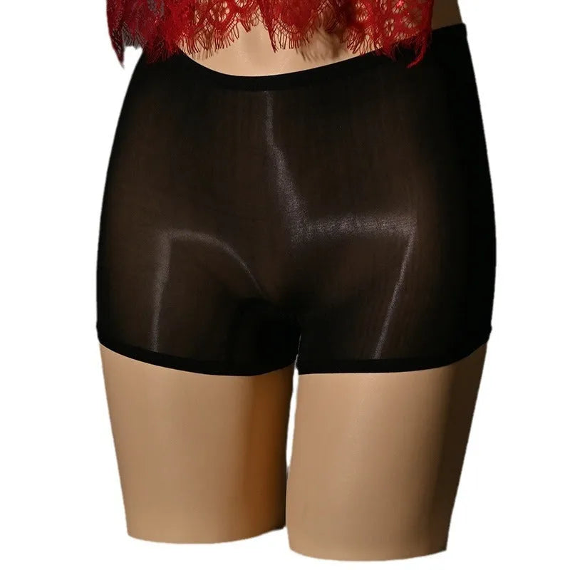 Shiny men's underwear stockings in nylon fabric showing seven colour options including red, black, grey, white and skin tones