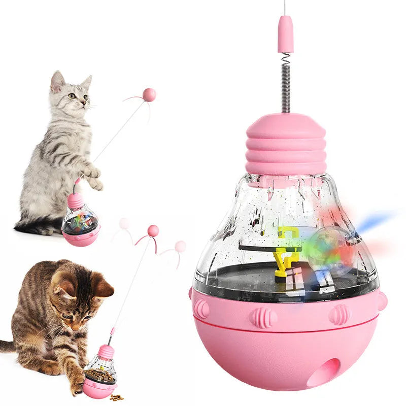 Interactive cat wand toy with feather teaser and food dispenser in pink, purple and yellow colour options
