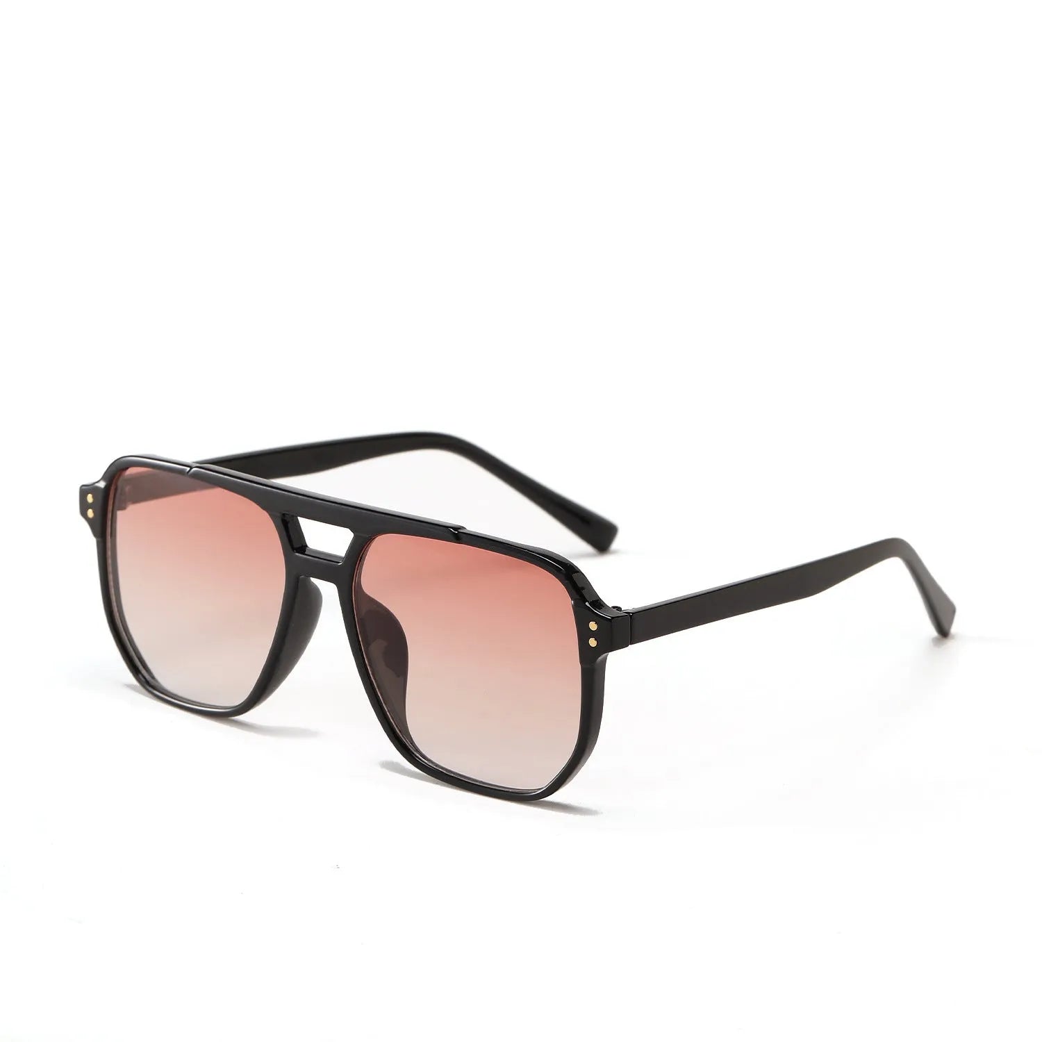 Square double beam full frame sunglasses for women in black frame with pink lenses.