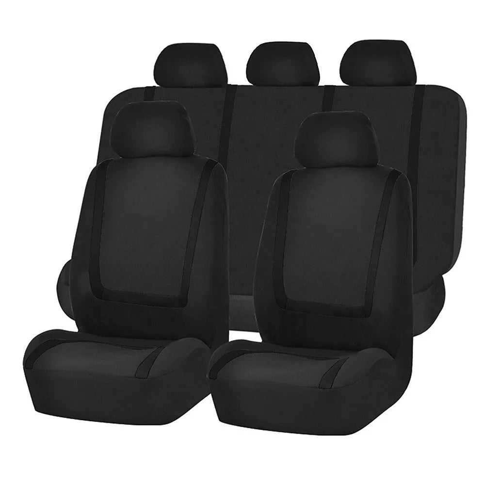 Fully enclosed universal car seat cover set in fabric material, showing headrest and seat panels.