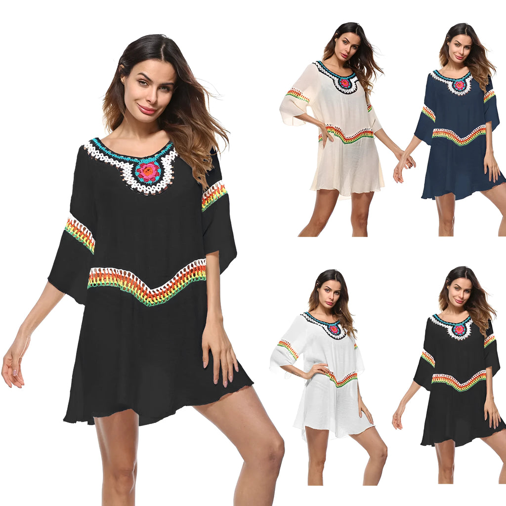 Women's crocheted ethnic style sun protection clothing cover-up in apricot colour.