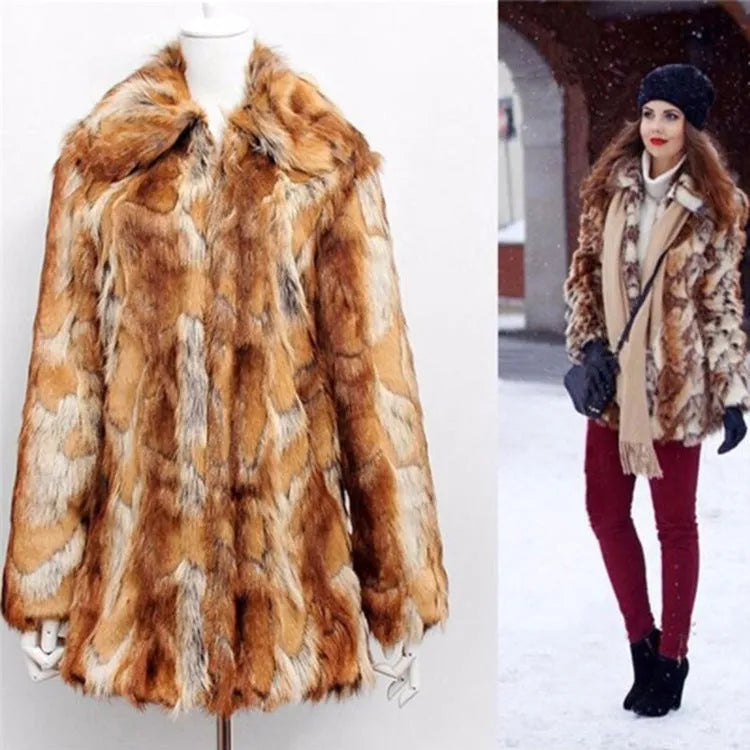 Women's slim-fit faux fur jacket with a bold tiger pattern, long sleeves, and a medium-length cut.