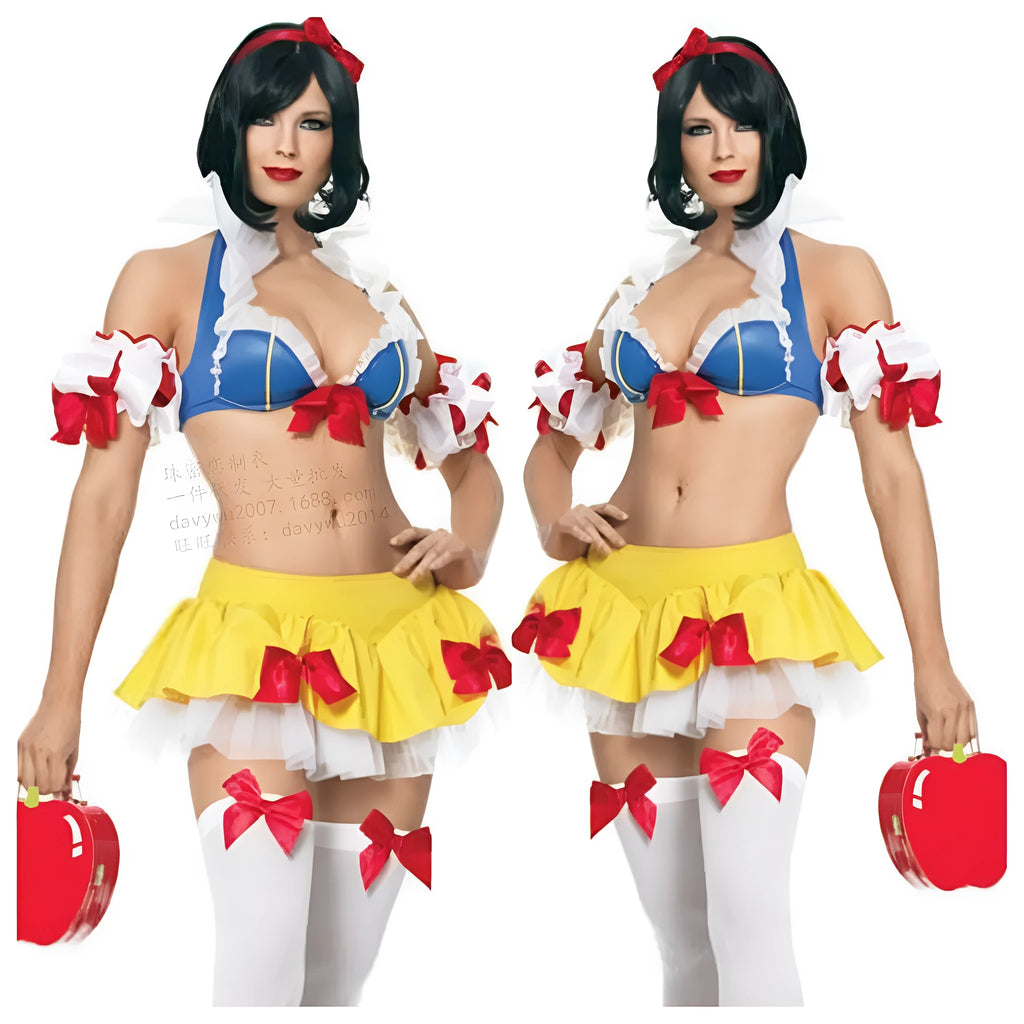 Anime Snow White costume set with headdress, top, short skirt, and sleeves in cotton blend spandex fabric