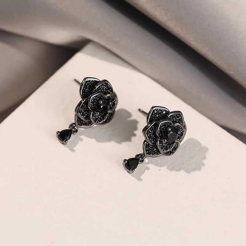 Black rose floral stud earrings with zircon accents on 18K electroplated copper