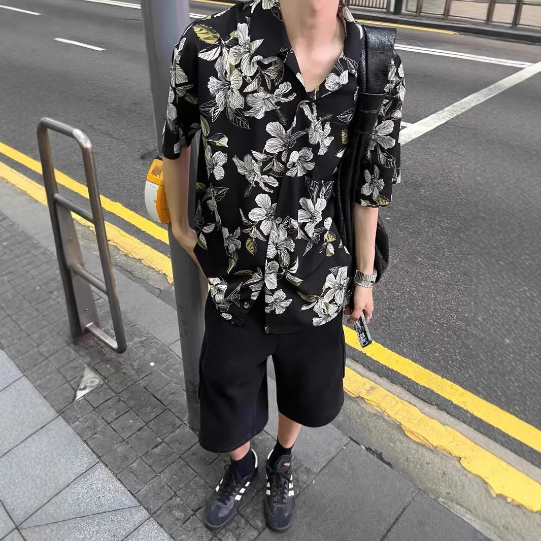 Black floral print men's shirt with vintage Cuban collar and short sleeves