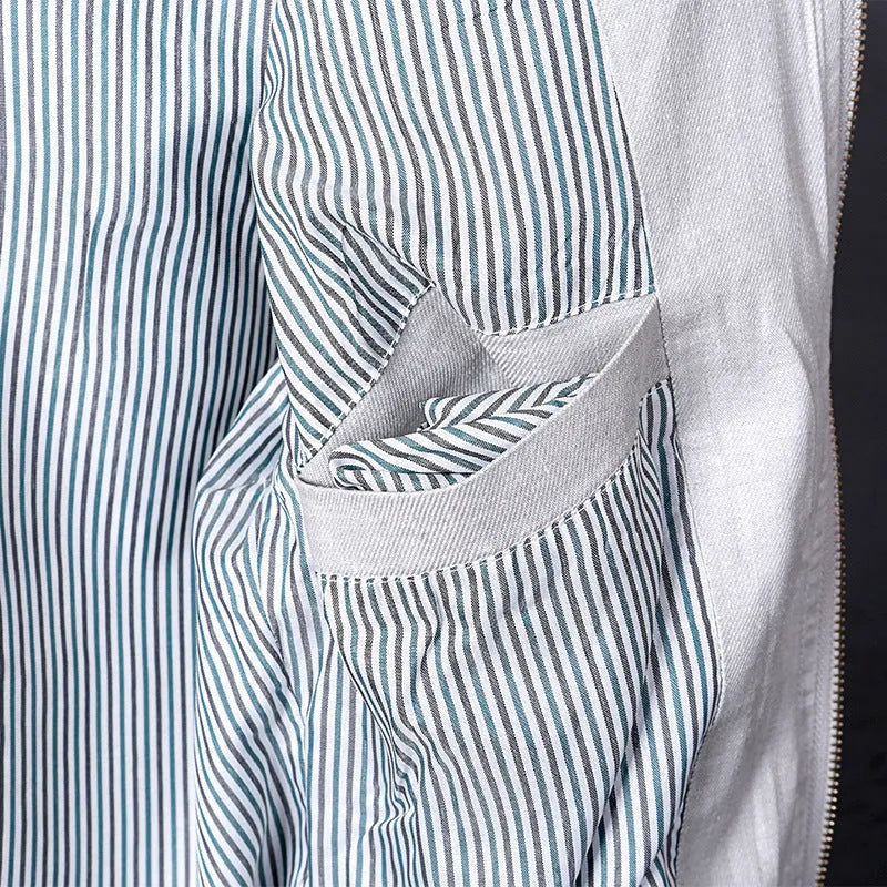 Men's thin blue cotton linen jacket in regular fit on a hanger.