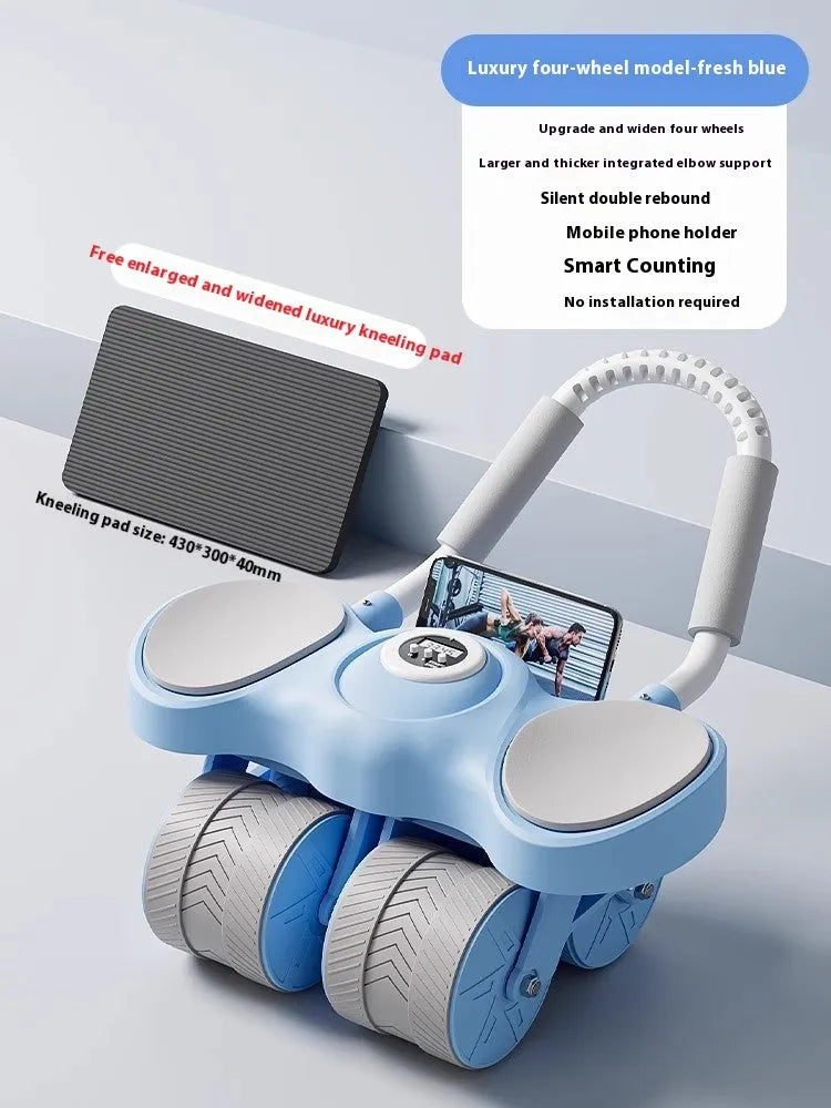Blue abdominal exercise wheel with four wheels and integrated elbow support pads