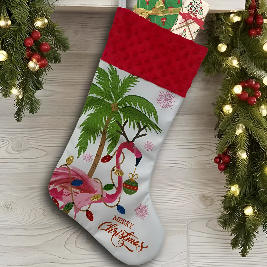 Flamingo Christmas stocking holiday decoration in cloth material measuring 46cm by 28cm