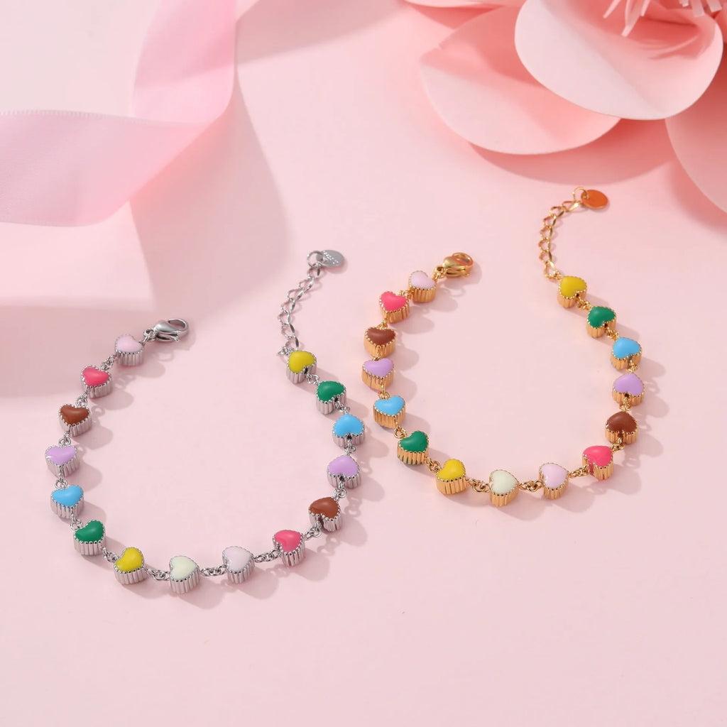 Heart-shaped stainless steel bracelet with colourful oil pattern in gold or steel finish