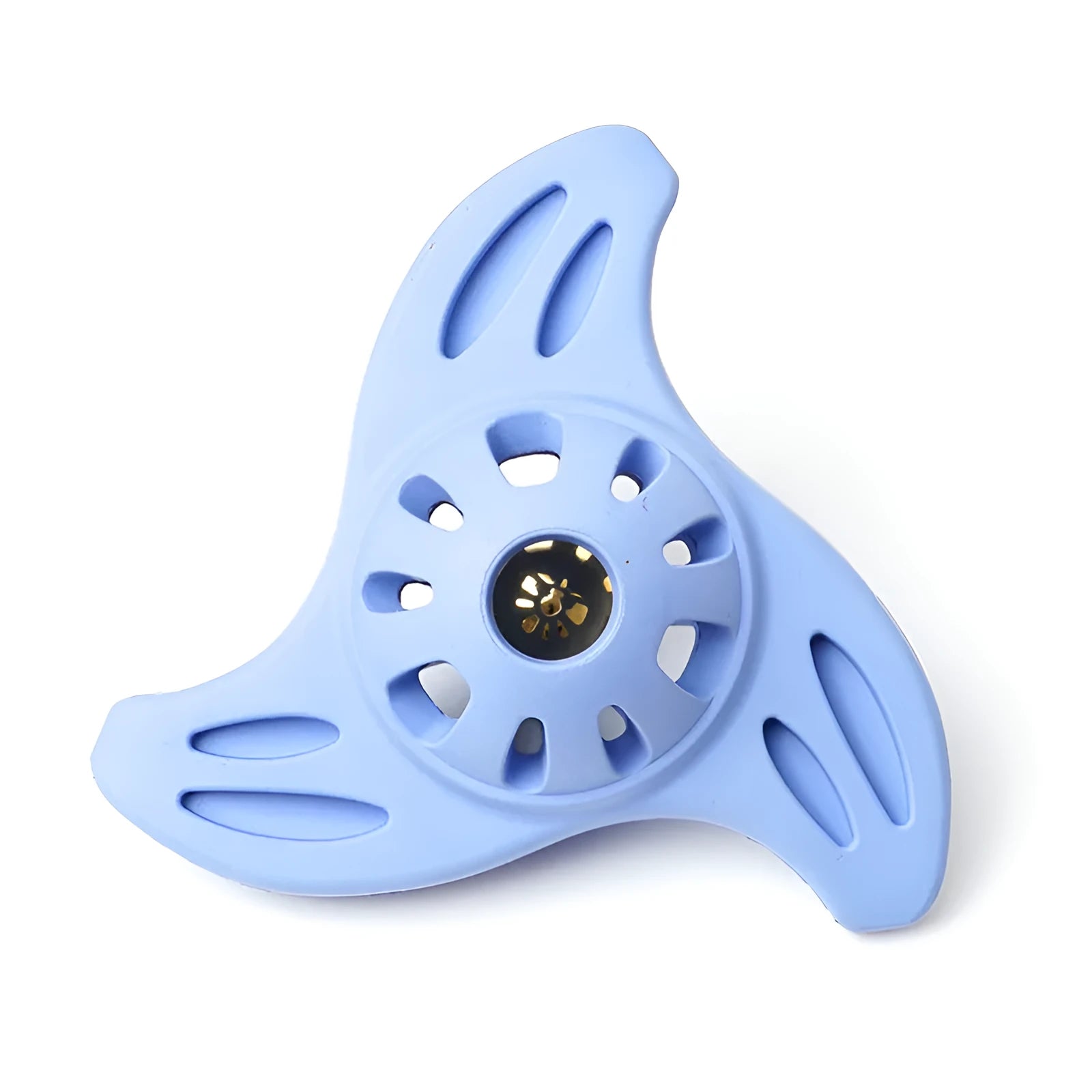 Blue boomerang-shaped dog chew toy with textured edges for medium and large breed dogs