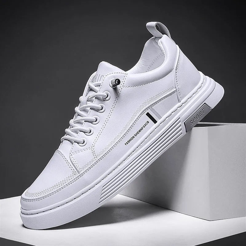 Men's white and black microfiber skate shoes with elastic band and rubber sole
