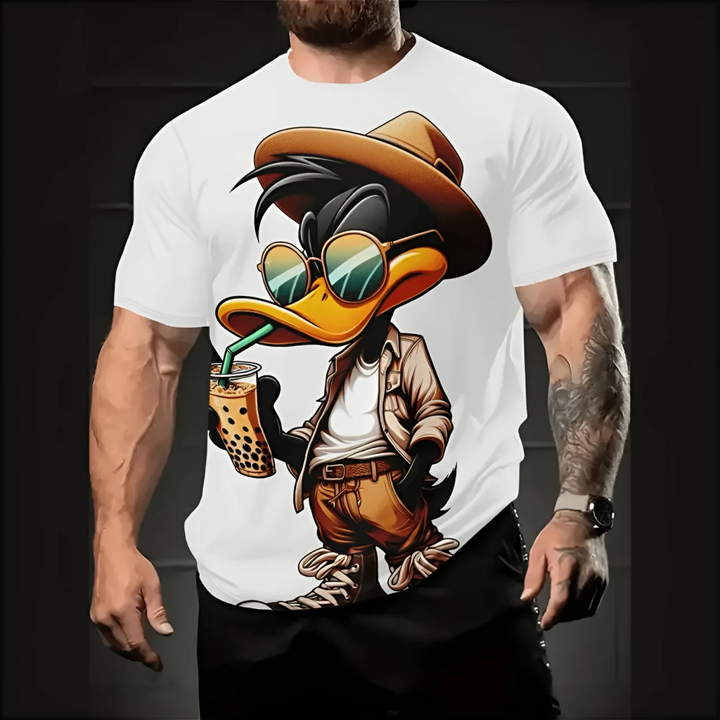 Men's loose-fit light blue T-shirt with a large cartoon character 3D print on the front.