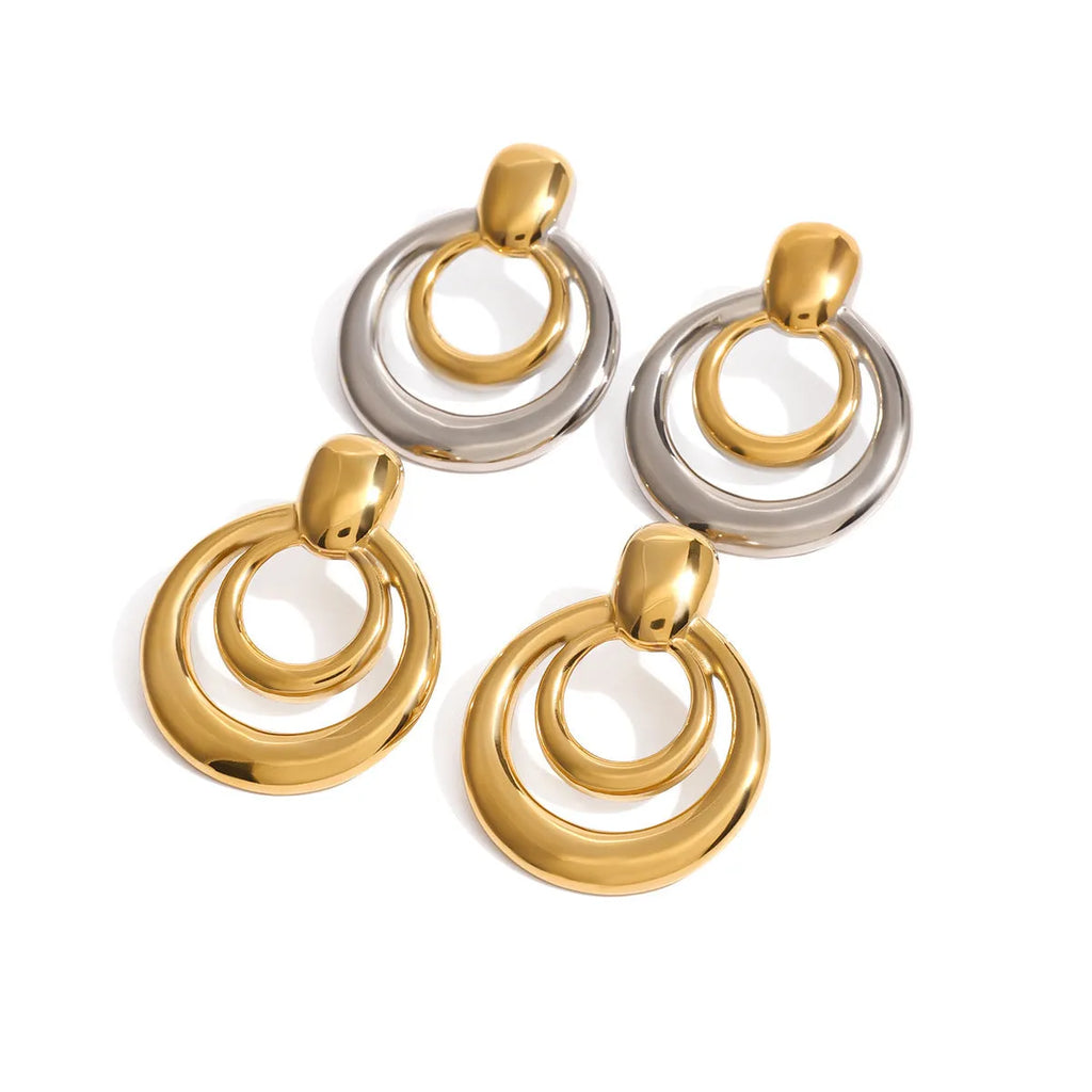 Gold plated titanium steel double layer hollow stud earrings with round geometric design