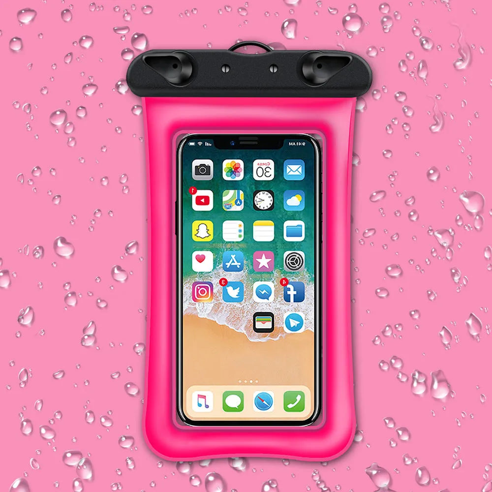 Orange waterproof phone pouch with double airbag design and a black lanyard.