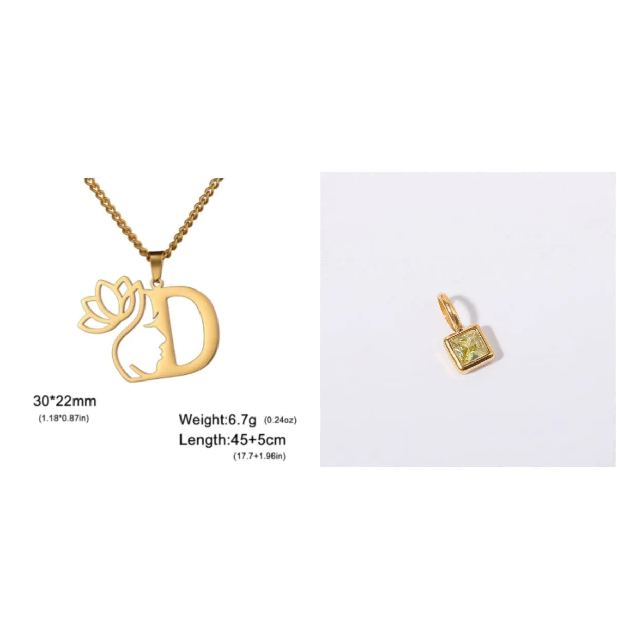 Stainless steel necklace with cross chain and a single letter pendant in gold or silver finish.