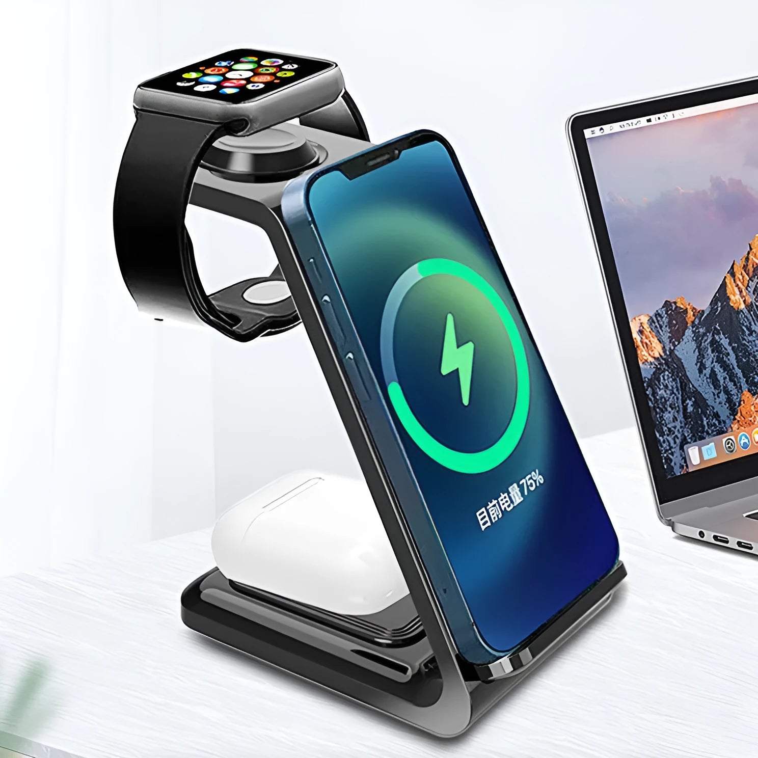 White 3-in-1 wireless charging stand with mobile phone holder upright position