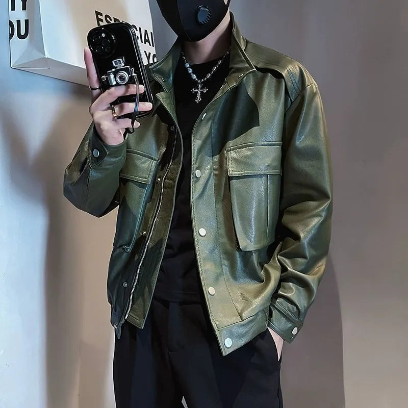 Men's black Korean-style PU leather jacket with straight hem and side seam pockets