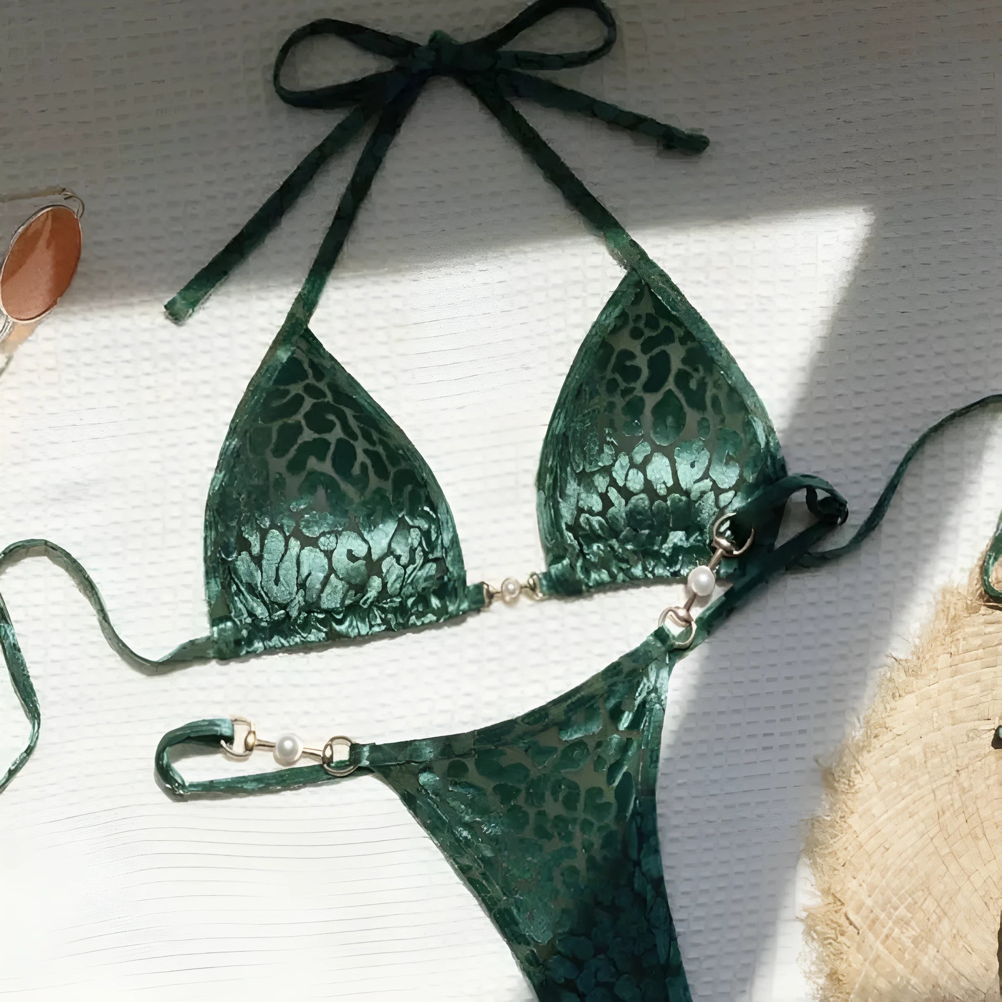 Women's blue leopard print T-shaped polyester bikini set for swimming