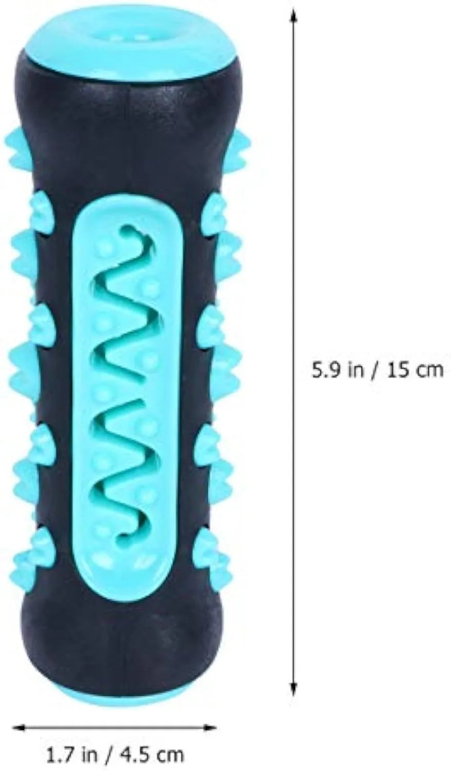 Natural rubber dog toothbrush chew toy in blue, shown next to a small dog for scale