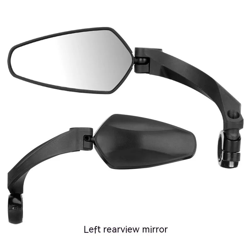 Black mountain bike rearview mirror with rotatable mount and acrylic reflective surface