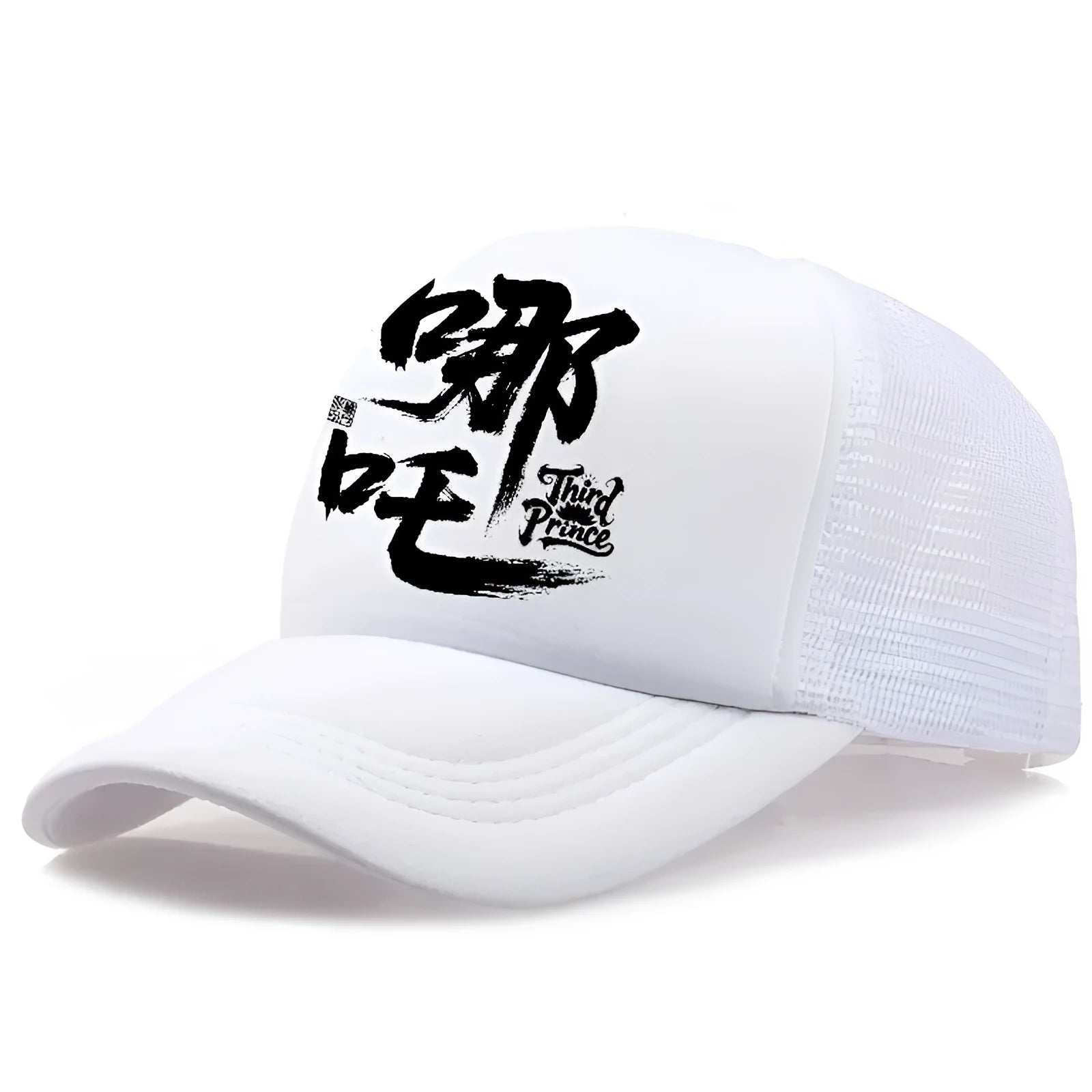 Men's polyester baseball cap showing colour options: black, blue, green, grey, pink, white.