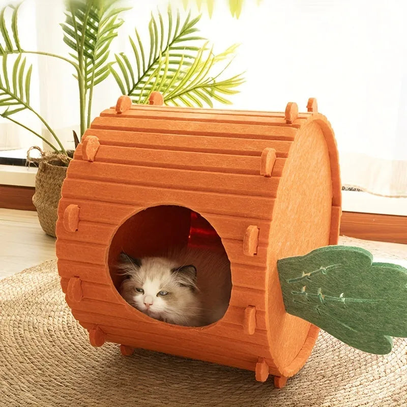 Carrot-shaped felt cat tunnel nest in semi-enclosed design showing M and L size options