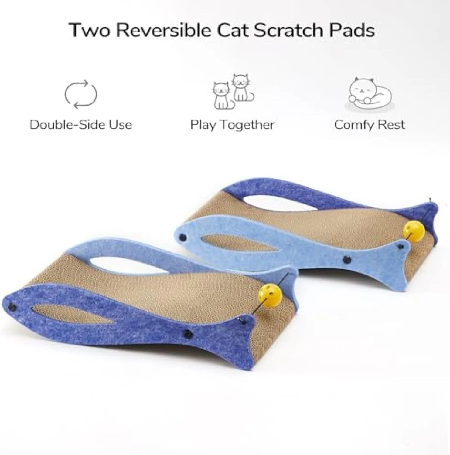 Blue fish-shaped cat scratcher with corrugated paper surface, bell toys, and wavy lounge area