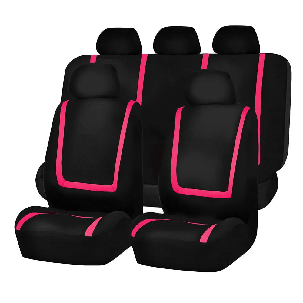 Fully enclosed universal car seat cover set in fabric material, showing headrest and seat panels.