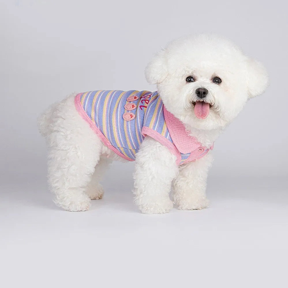 Pink purple vest for a small dog on a mannequin, showing the front design.