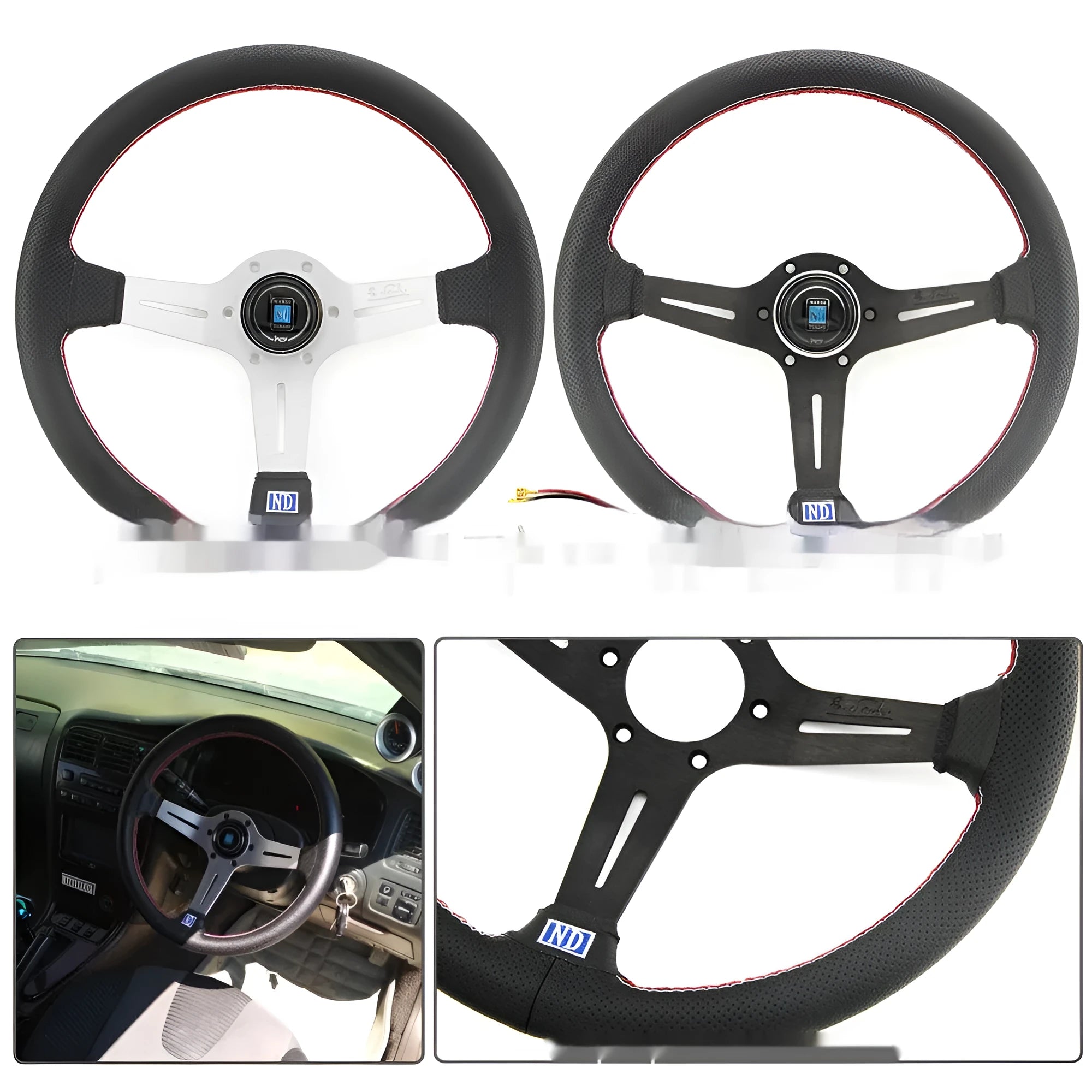 14-inch leather steering wheel with concave centre section in silver black colour with skeleton frame