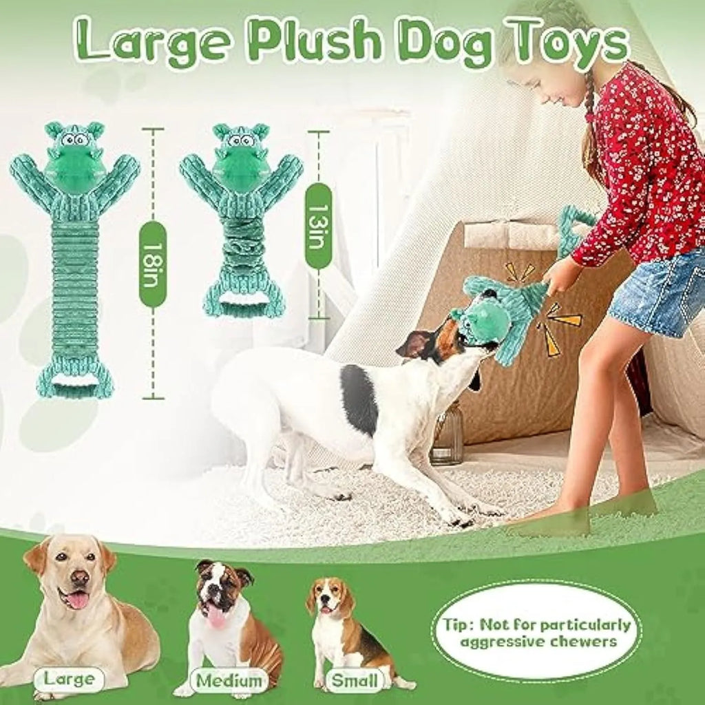 Large plush squeaky dog toy with handle, shown in Hippo and Monkey designs, for indoor tug-of-war play.