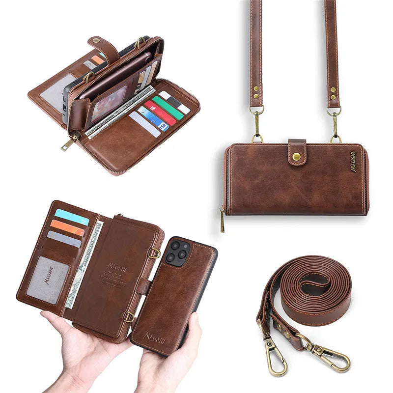 Black detachable leather wallet flip phone case for Samsung Galaxy Note and iPhone, showing separable design.