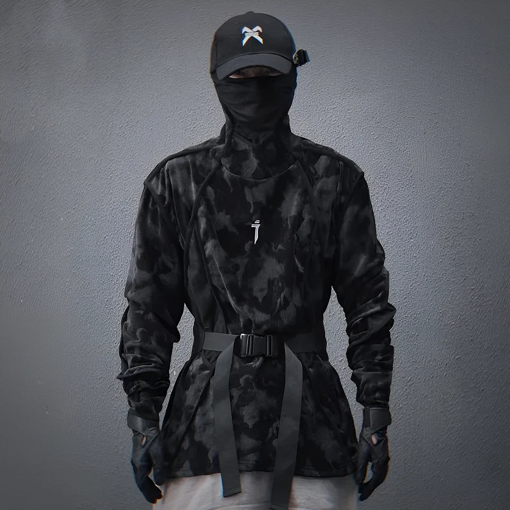 Men's black tie-dye printed pullover sweater with drop shoulders and finger turtleneck