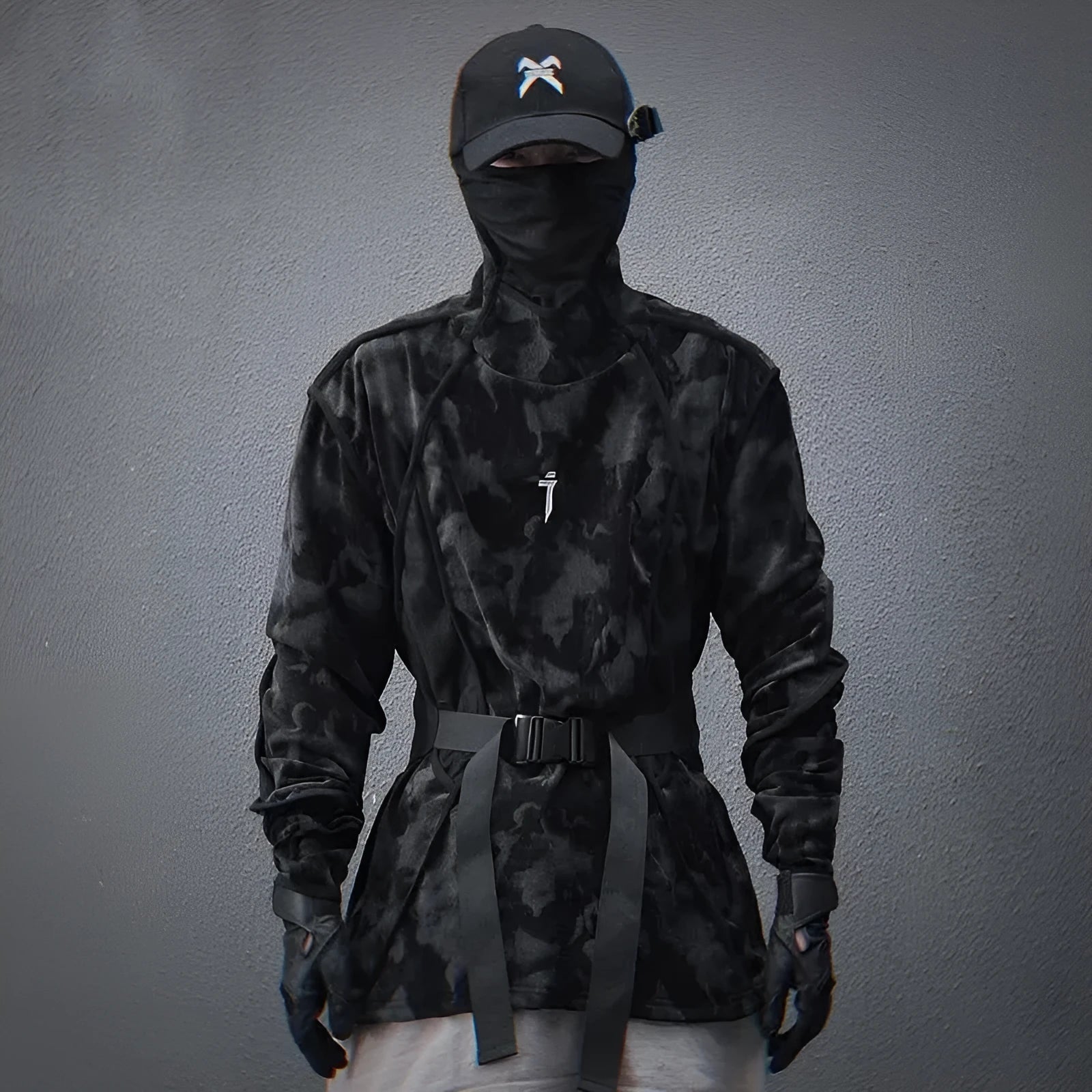 Men's black tie-dye printed pullover sweater with drop shoulders and finger turtleneck