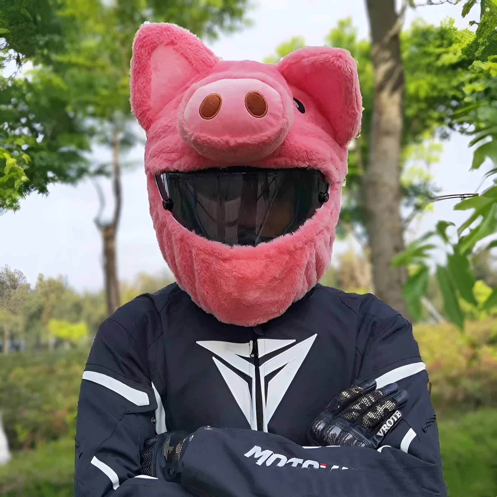 Pinkpig cartoon design plush helmet protective hood covering a motorcycle helmet