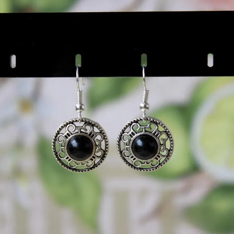 Miao silver retro turquoise flower disk earrings with geometric shape and ethnic patterns