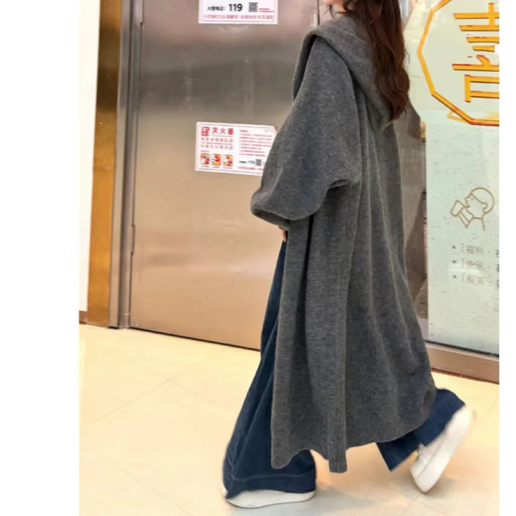 Women's long below-the-knee knitted cardigan with hood in wool blend fabric, loose fit, Korean style