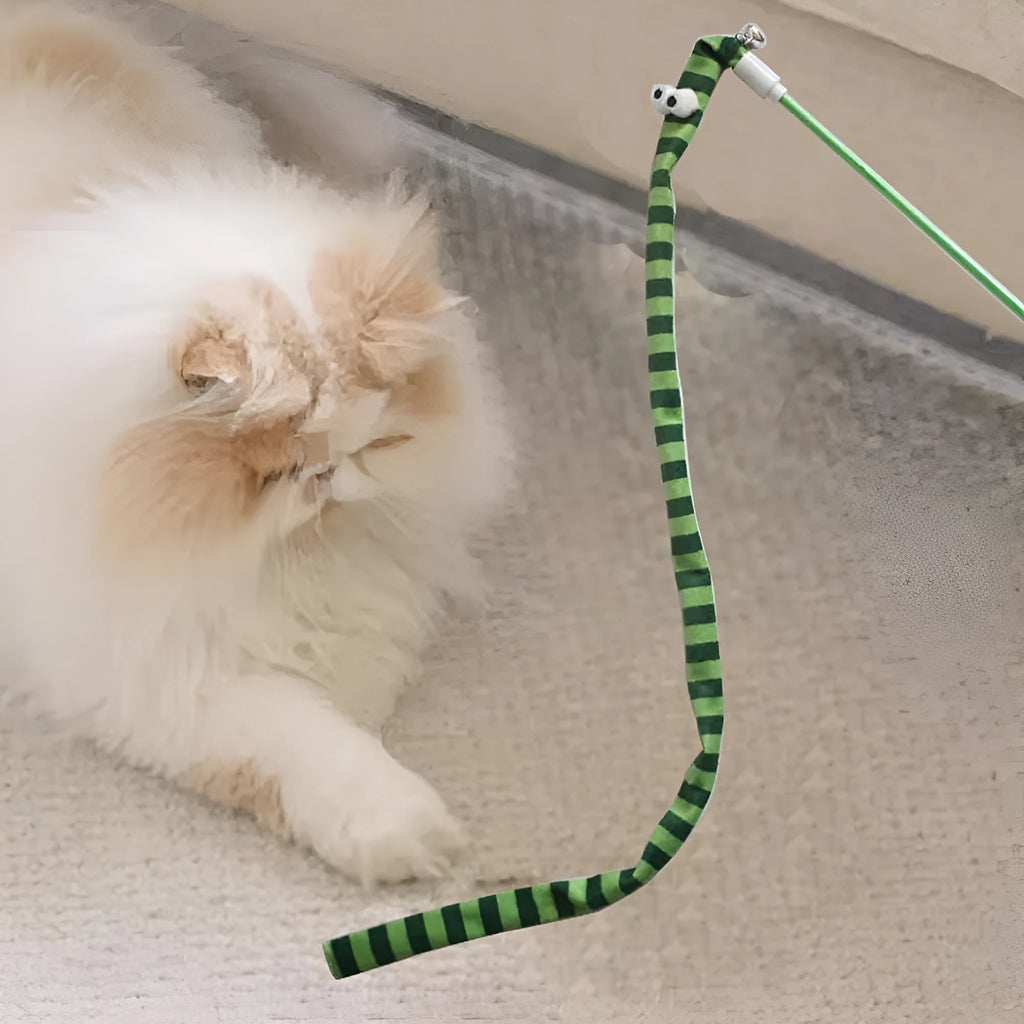 Cat wand toy with long plush strip teaser on a polycarbonate pole, shown in vibrant colours