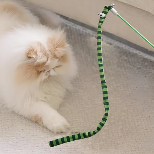 Cat wand toy with long plush strip teaser on a polycarbonate pole, shown in vibrant colours
