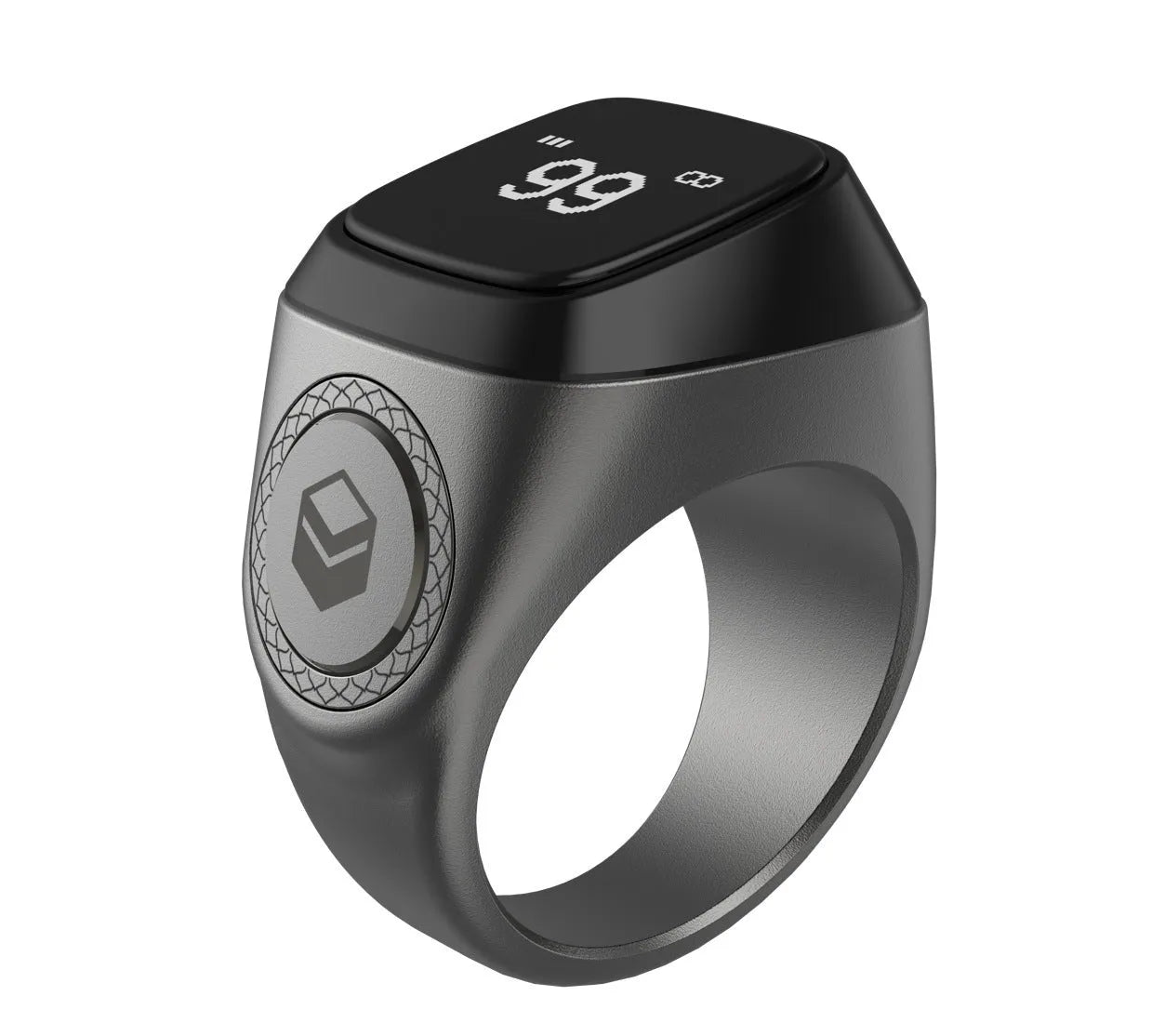 Zikr1 smart ring in black, green, rose gold, or silver on charging case with OLED display showing dhikr count.