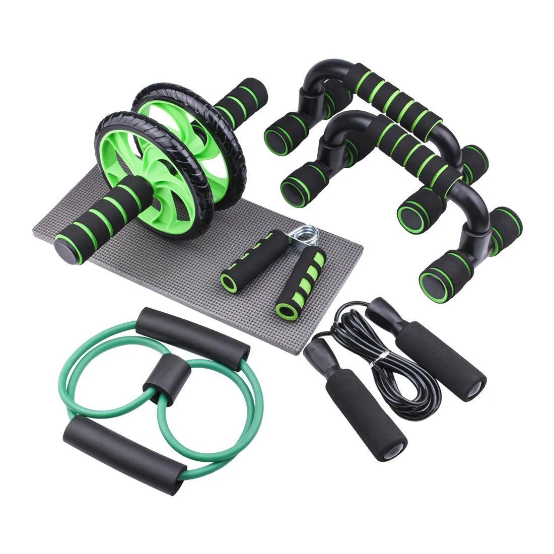 Red push-up bracket with abdominal wheel for indoor fitness training and core exercises.