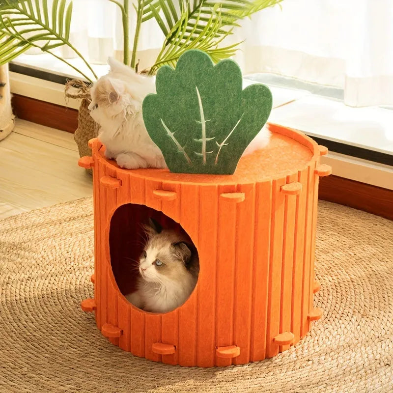 Carrot-shaped felt cat tunnel nest in semi-enclosed design showing M and L size options