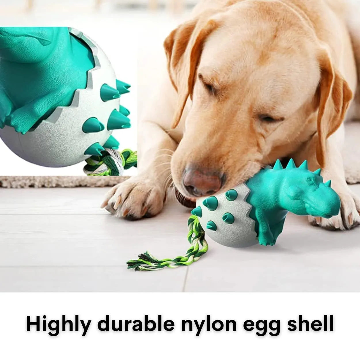 Durable rubber dog chew toy with rope attachment and dinosaur design for aggressive chewers