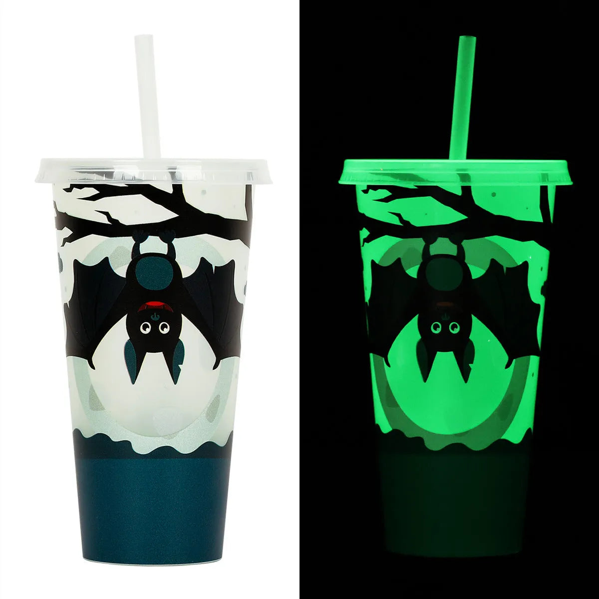 Plastic Halloween sippy cup with luminous straw measuring 17.5cm tall with 720ml capacity