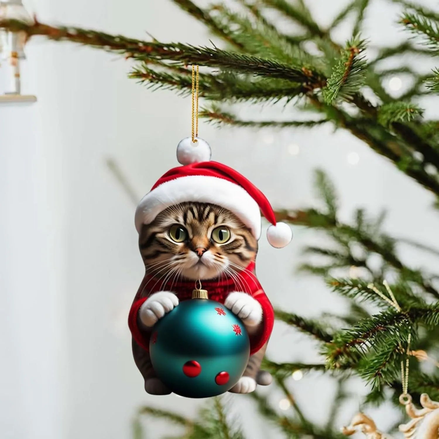 Christmas-themed cartoon cat car hanging ornament made of clear acrylic, shown in one of ten colour variants.