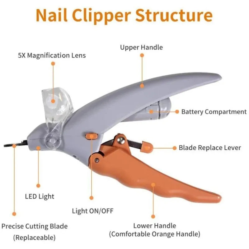 Yellow pet nail clipper with LED light, magnifying glass and safety guard for dog and cat grooming
